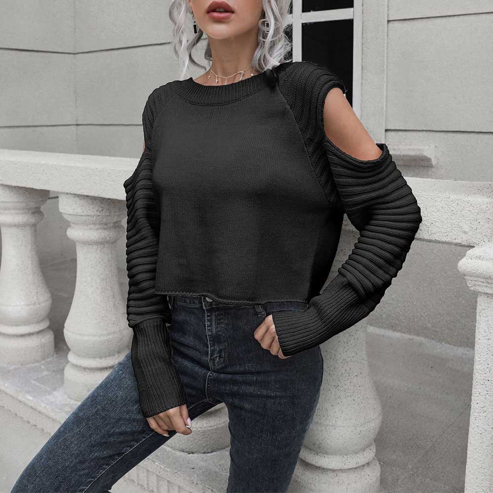 Chic Casual Off - Shoulder Hollowed Sleeve Knit Sweater - sweatshirt - Totally Bri LLC