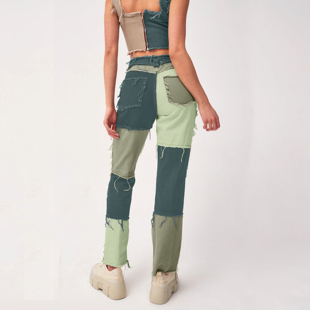 Colorblock Denim Ensemble High Waist Tight Hip Denim Pants - Green & Blue Edition - denim pants - Totally Bri LLC