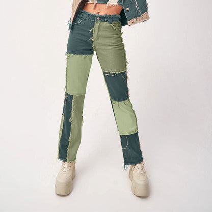 Colorblock Denim Ensemble High Waist Tight Hip Denim Pants - Green & Blue Edition - denim pants - Totally Bri LLC