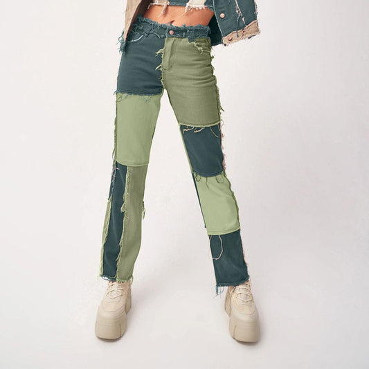 Colorblock Denim Ensemble High Waist Tight Hip Denim Pants - Green & Blue Edition - denim pants - Totally Bri LLC