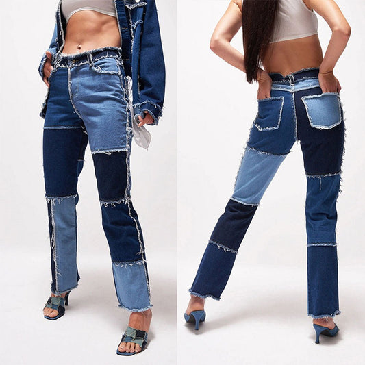 Colorblock Denim Ensemble High Waist Tight Hip Denim Pants – Light & Dark Blue Denim Edition - denim pants - Totally Bri LLC