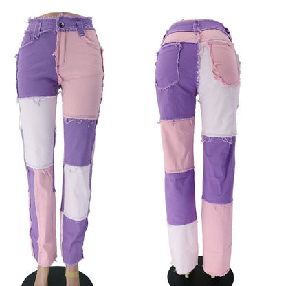 Colorblock Denim Ensemble High Waist Tight Hip Denim Pants - Pink & Purple Edition - denim pants - Totally Bri LLC