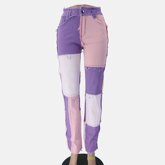 Colorblock Denim Ensemble High Waist Tight Hip Denim Pants - Pink & Purple Edition - denim pants - Totally Bri LLC
