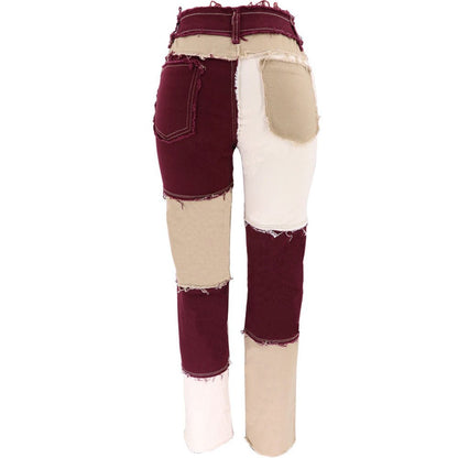 Colorblock Denim Ensemble High Waist Tight Hip Denim Pants – Red, Beige & White Edition - denim pants - Totally Bri LLC