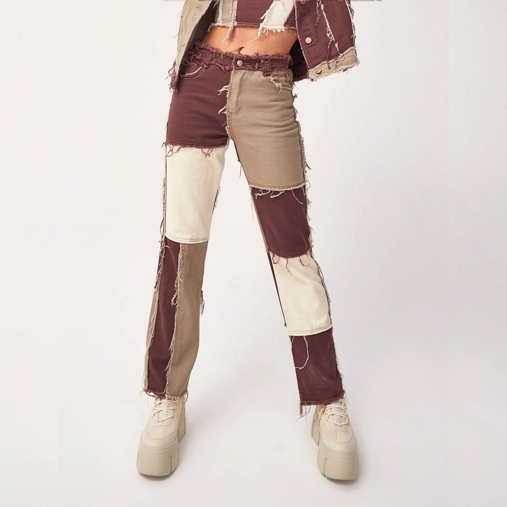Colorblock Denim Ensemble High Waist Tight Hip Denim Pants – Red, Beige & White Edition - denim pants - Totally Bri LLC