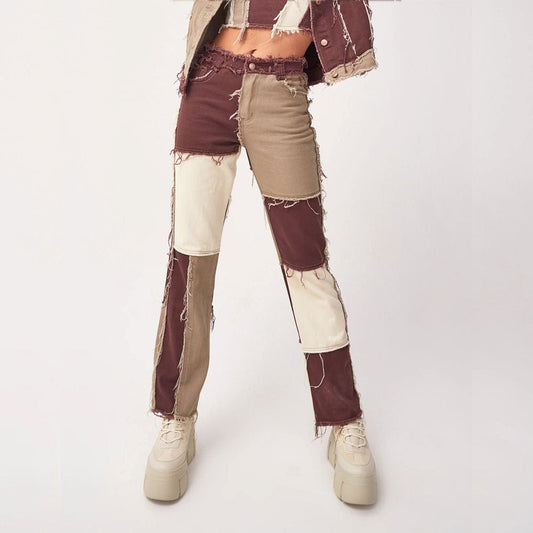 Colorblock Denim Ensemble High Waist Tight Hip Denim Pants – Red, Beige & White Edition - denim pants - Totally Bri LLC