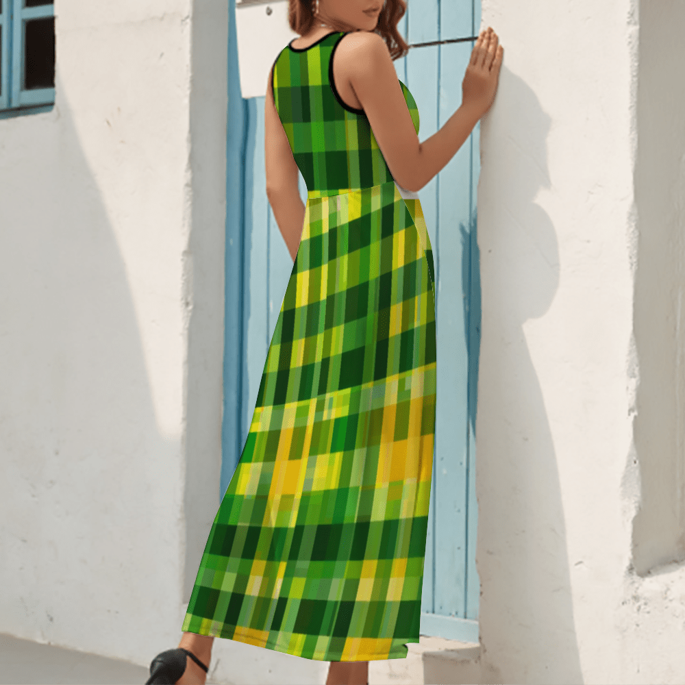 Digital Green Plaid Dress Sleeveless Dress Summer Fashion Long Skirts - dress - Totally Bri LLC