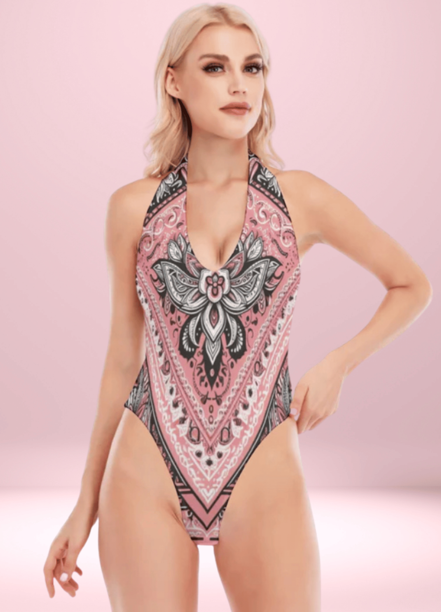 Ornate Pink Bandana Backless V - neck Skinny Bodysuit - bodysuit - Totally Bri LLC