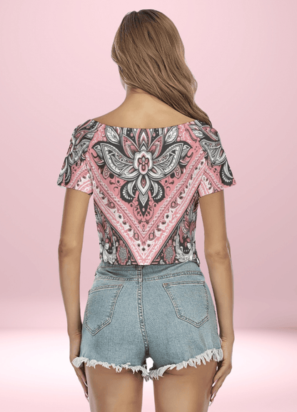 Ornate Pink Bandana Raglan Drawstring - Front Crop Top - crop top - Totally Bri LLC
