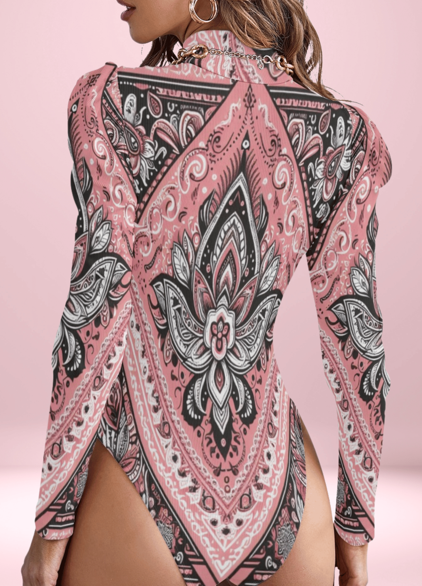 Ornate Pink Bandana Turtleneck Bodysuit with Puff Sleeves - bodysuit - Totally Bri LLC