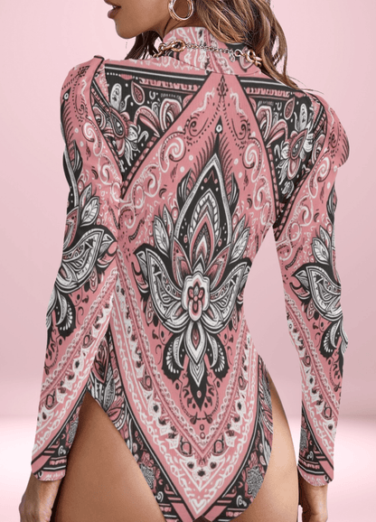 Ornate Pink Bandana Turtleneck Bodysuit with Puff Sleeves - bodysuit - Totally Bri LLC