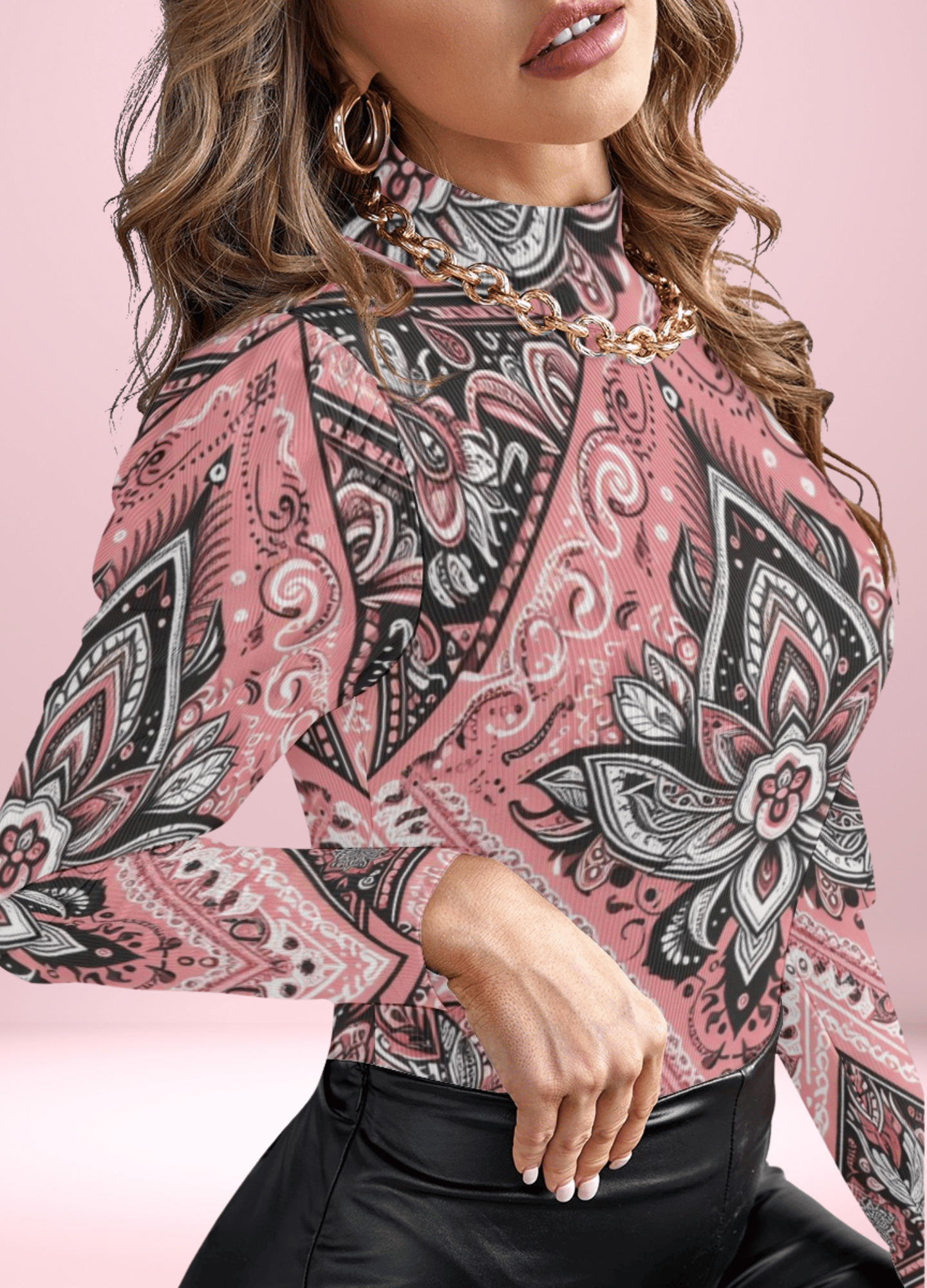 Ornate Pink Bandana Turtleneck Bodysuit with Puff Sleeves - bodysuit - Totally Bri LLC