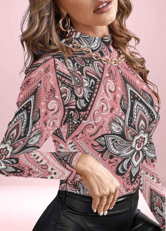 Ornate Pink Bandana Turtleneck Bodysuit with Puff Sleeves - bodysuit - Totally Bri LLC