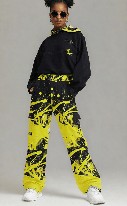 Splatter Chic Yellow and Black Women's Cargo Pants - pants - Totally Bri LLC