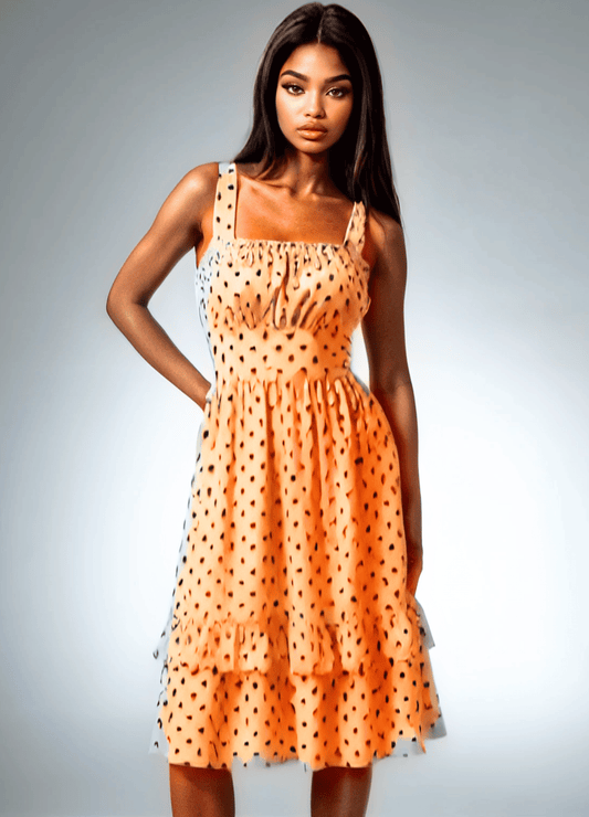 Black Polka Pleasure Orange Women‘s Ruffle Hem Dress - Dress - Totally Bri LLC