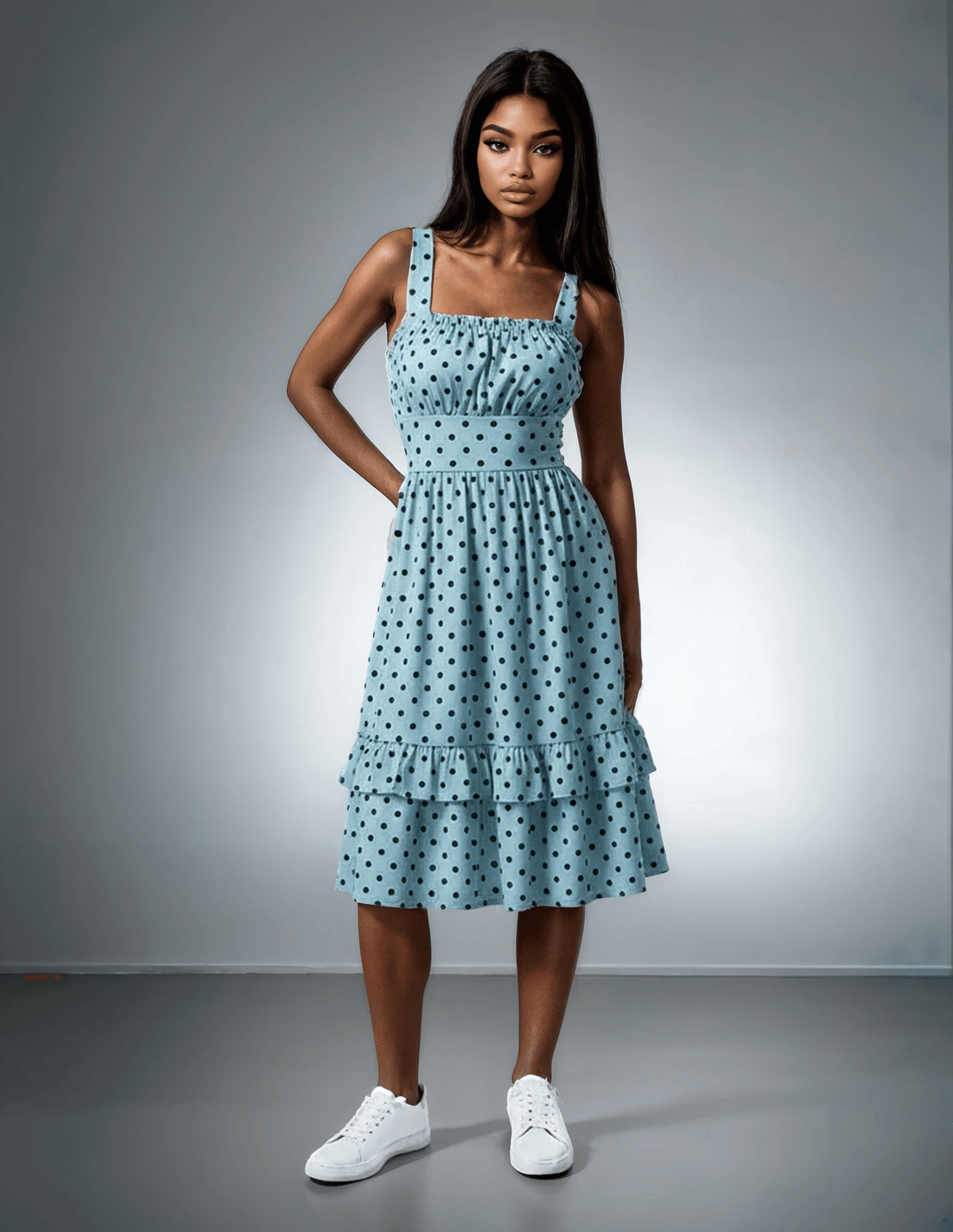 Black Polka Pleasures Baby Blue Women‘s Ruffle Hem Dress - Dress - Totally Bri LLC