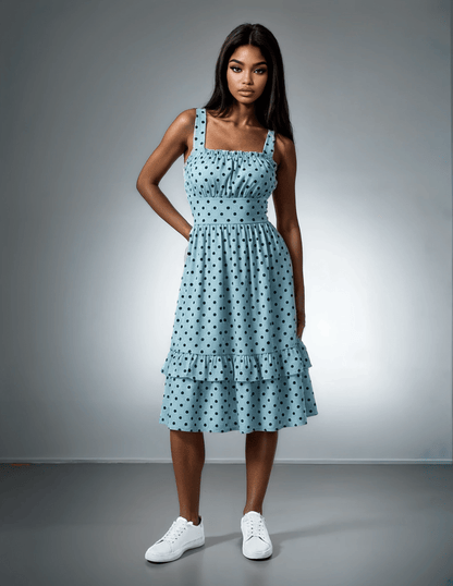 Black Polka Pleasures Baby Blue Women‘s Ruffle Hem Dress - Dress - Totally Bri LLC