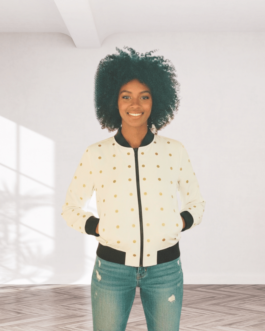 Gold Polka Pleasure | Women's Bomber Jacket - All Over Prints - Totally Bri LLC