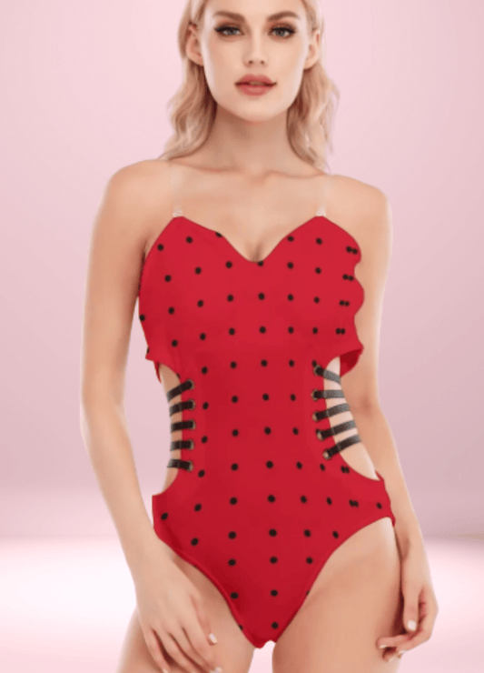 Red Dottie Diva Tube Top Bodysuit with Side Black Straps - bodysuit - Totally Bri LLC