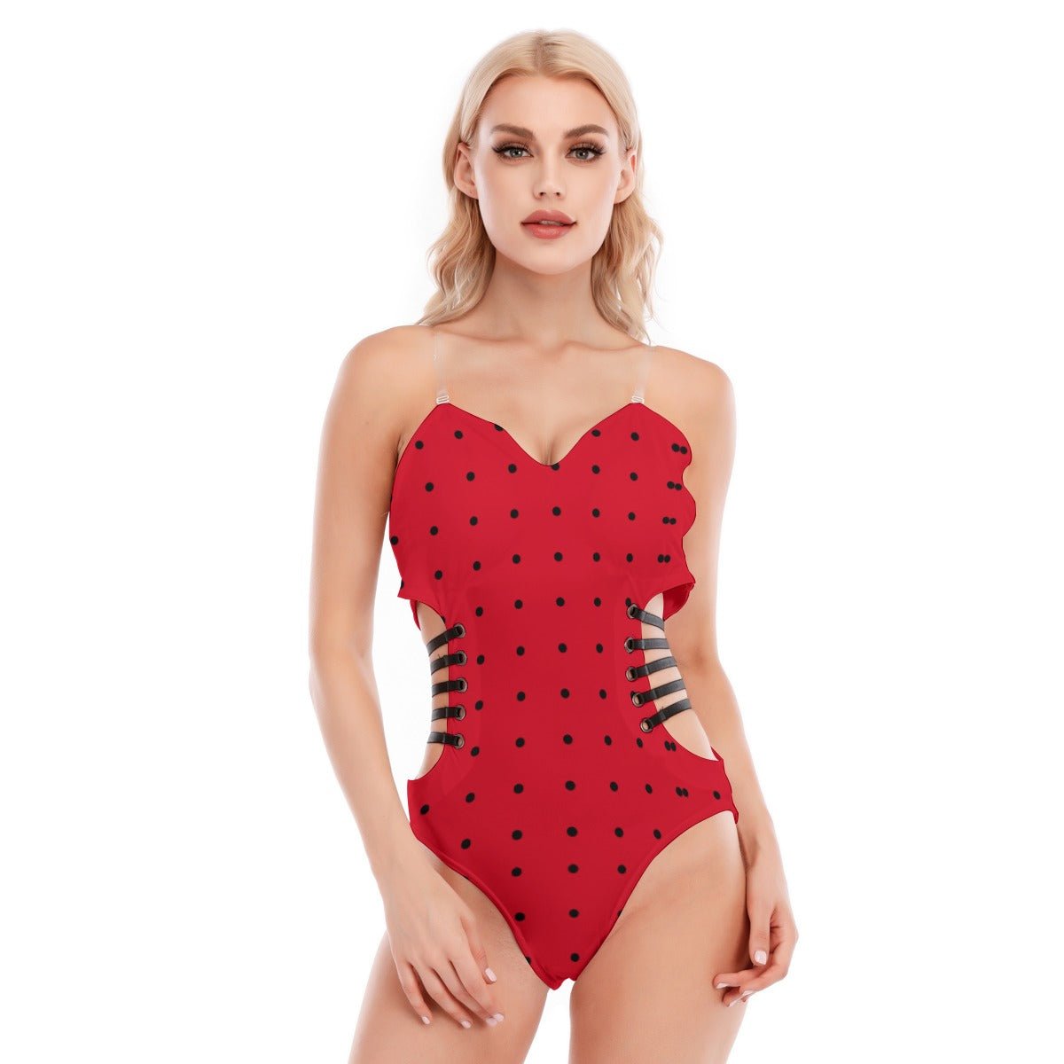 Red Dottie Diva Tube Top Bodysuit with Side Black Straps - Totally Bri LLC