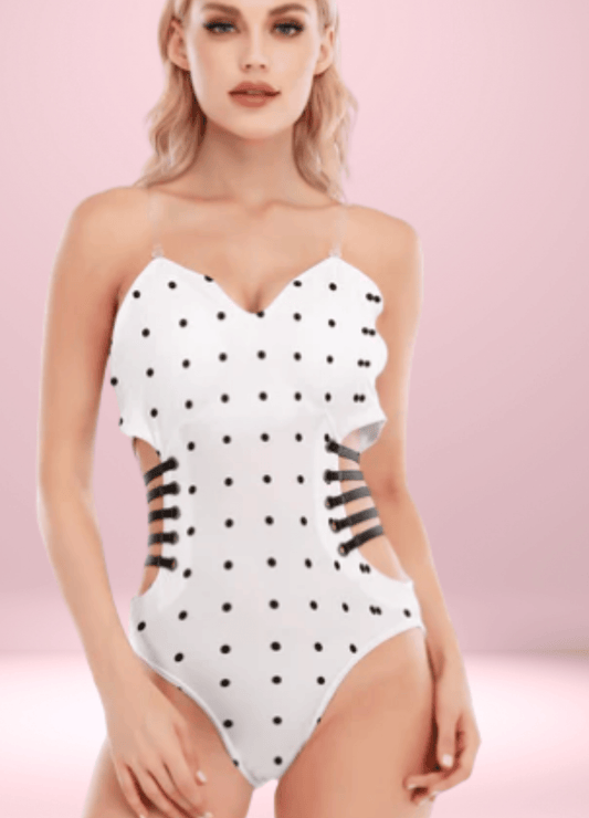 White Dottie Diva Tube Top Bodysuit with Side Black Straps - bodysuit - Totally Bri LLC