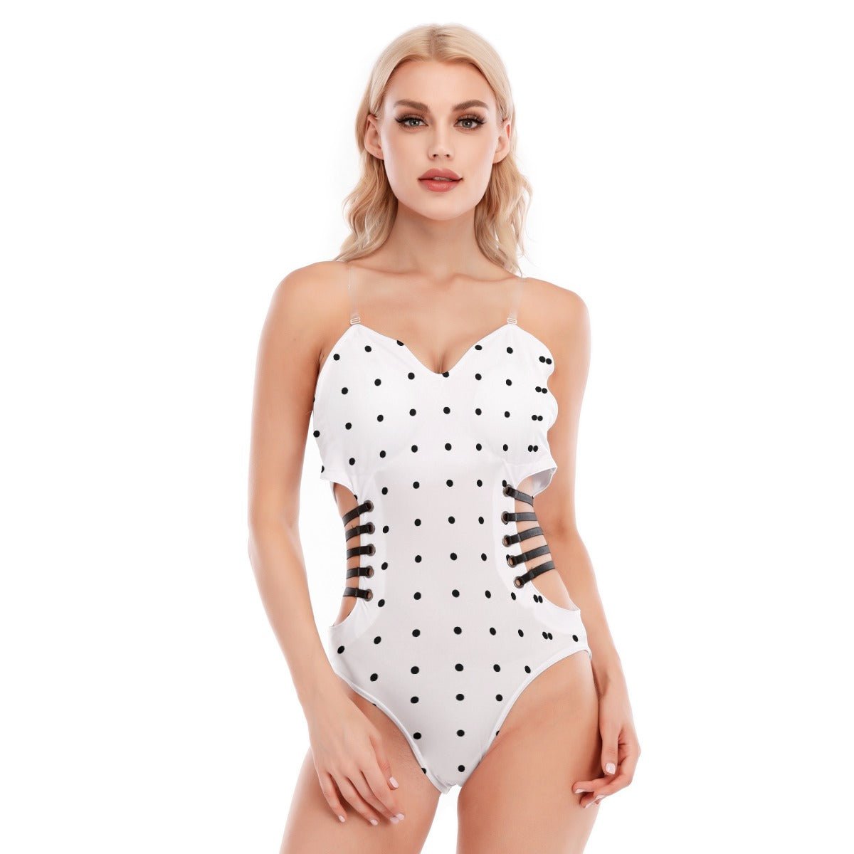 White Dottie Diva Tube Top Bodysuit with Side Black Straps - Totally Bri LLC