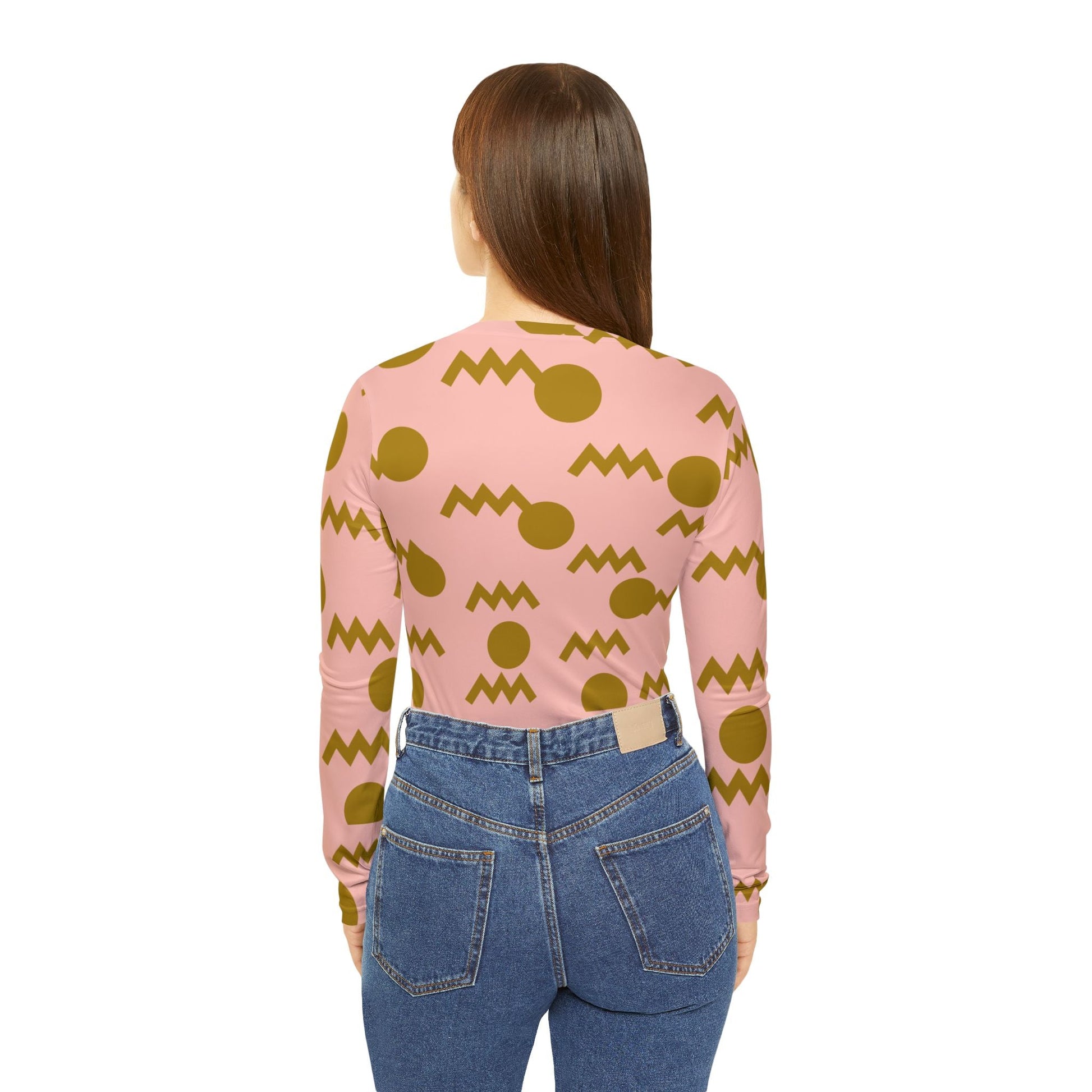 Women's V - Neck Long Sleeve Top — Pink Retro Geometric All - Over Print - All Over Prints - Totally Bri LLC