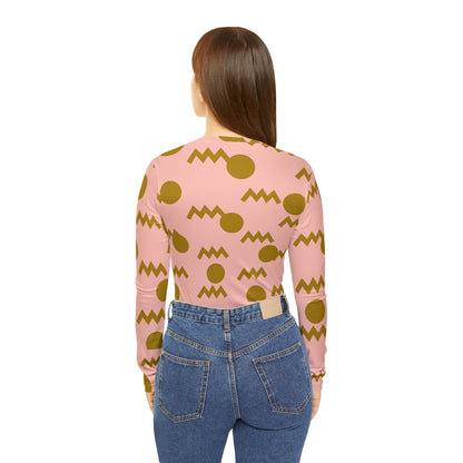 Women's V - Neck Long Sleeve Top — Pink Retro Geometric All - Over Print - All Over Prints - Totally Bri LLC