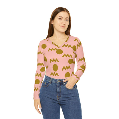 Women's V - Neck Long Sleeve Top — Pink Retro Geometric All - Over Print - All Over Prints - Totally Bri LLC