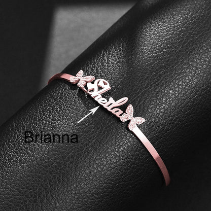 Custom Name Titanium Steel Butterfly Rhinestone Bracelet Opening Adjustable - Totally Bri LLC