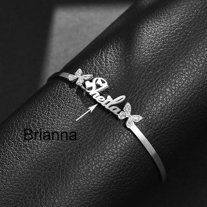 Custom Name Titanium Steel Butterfly Rhinestone Bracelet Opening Adjustable - Totally Bri LLC